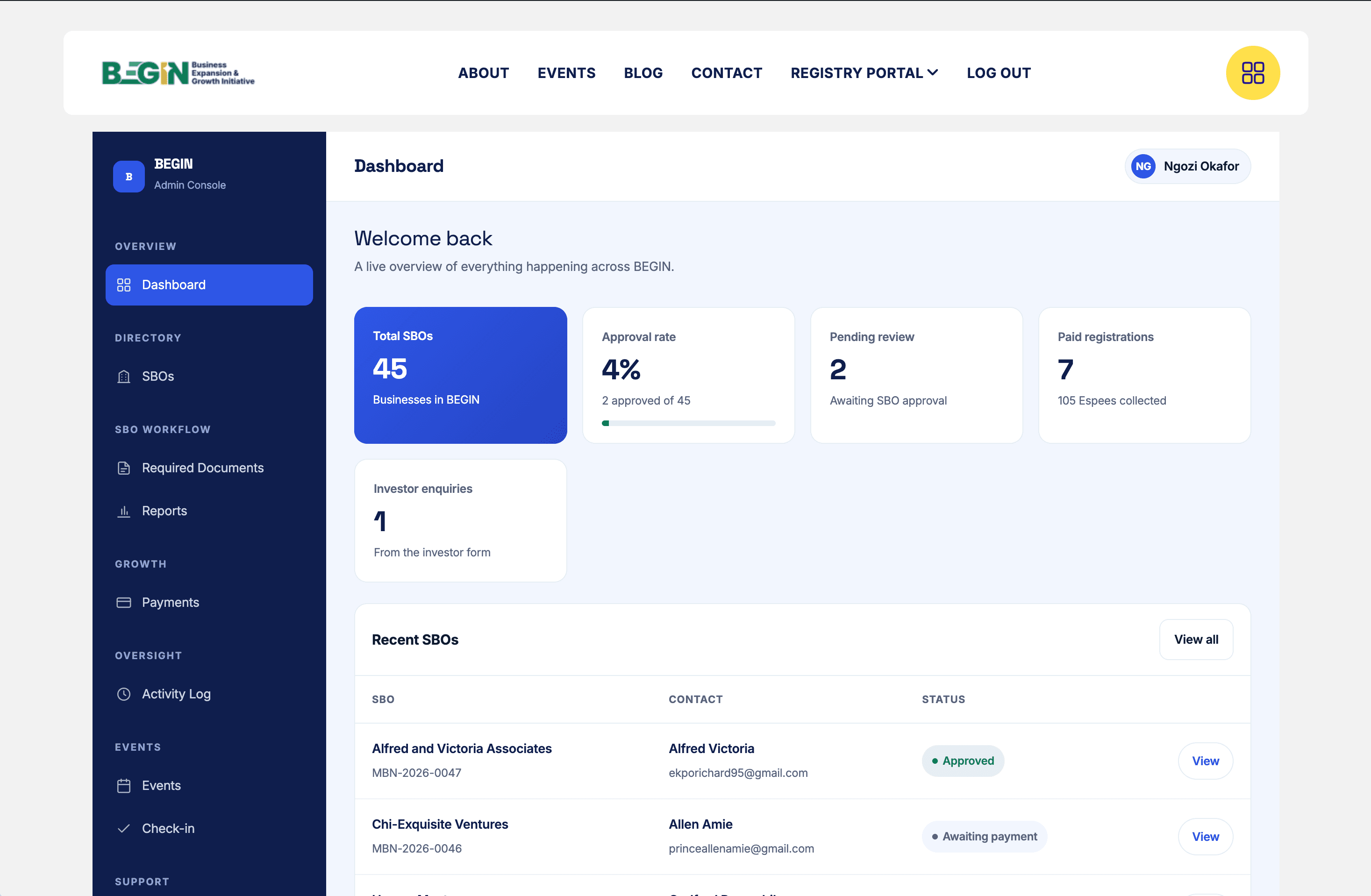Preview of BEGIN Admin