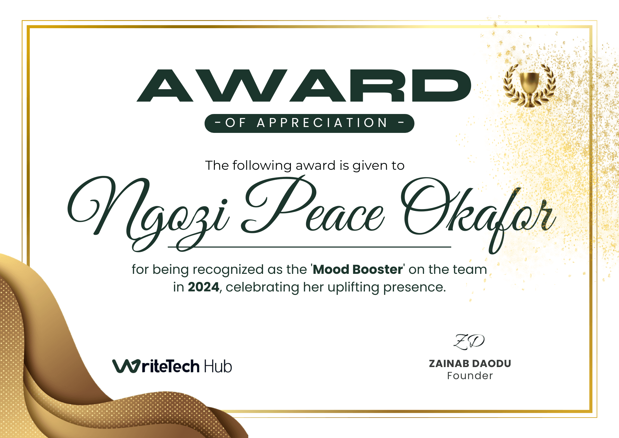 WriteTech Hub Award of Appreciation recognizing Ngozi Peace Okafor as Mood Booster in 2024.